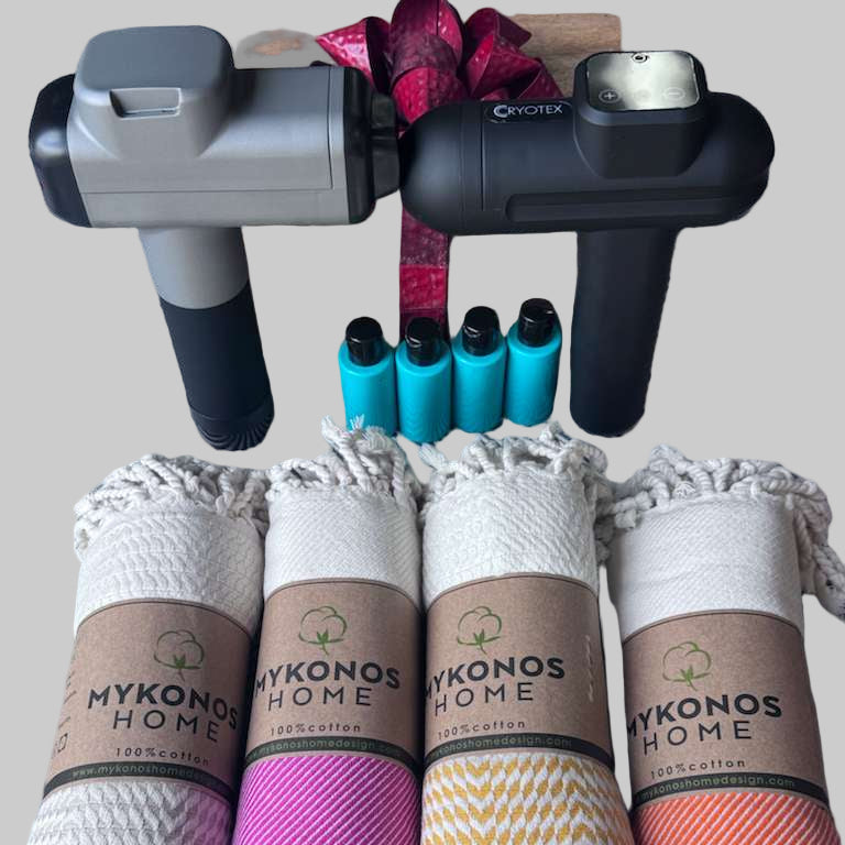 Cryotex 2-in-1 Massage Gun Bundle with 8 Premium Turkish Towels – Deep Tissue Percussion Massager Gift Set for Pain Relief & Relaxation