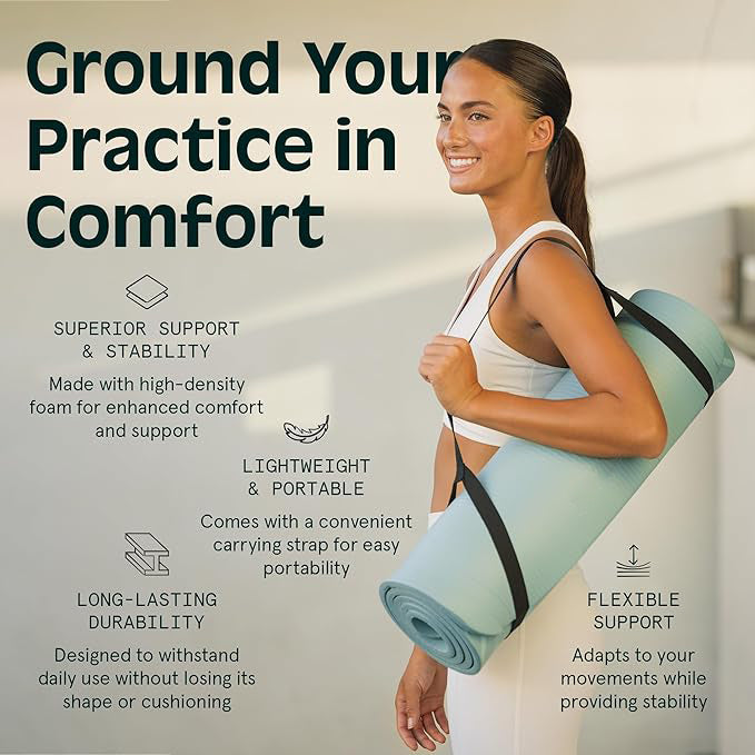 Cryotex Yoga Mat 1" Thick With Nylon Carry Strap for Men & Women