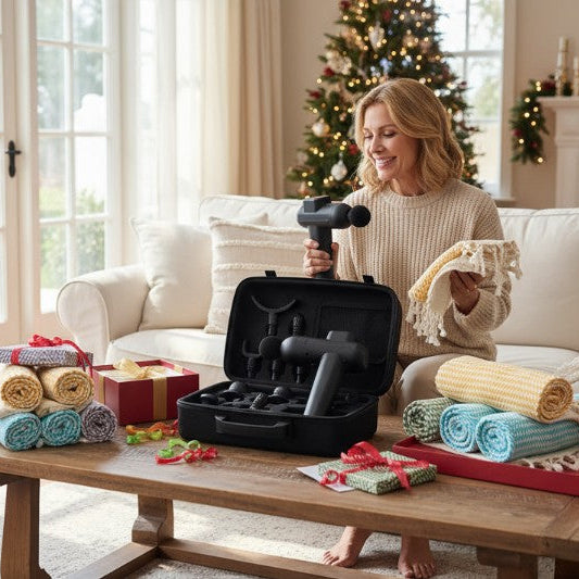Woman in a cozy living room with Christmas decorations, holding a tool and surrounded by rolled-up fabrics.