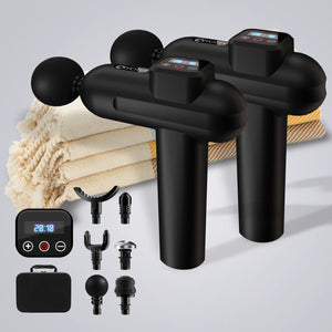 Black massage gun with attachments on a light gray background