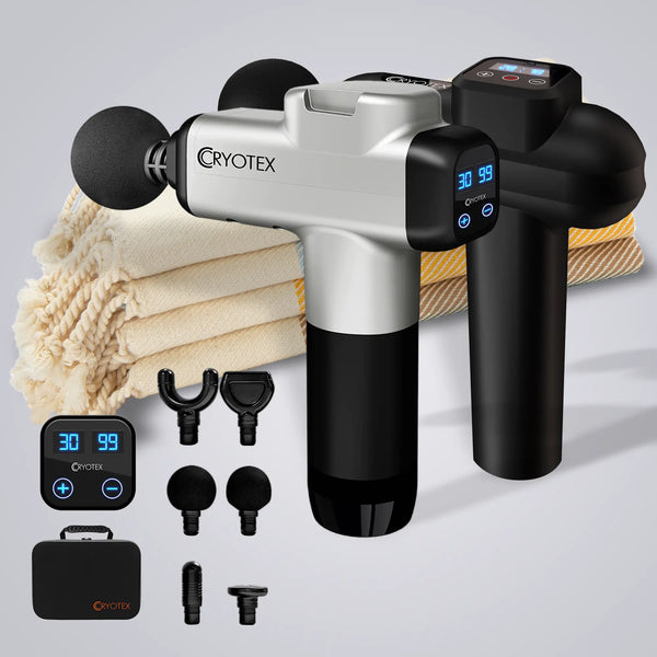 Cryotex massage gun with attachments on a light gray background
