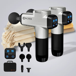 Cryotex massage gun with attachments on a light gray background